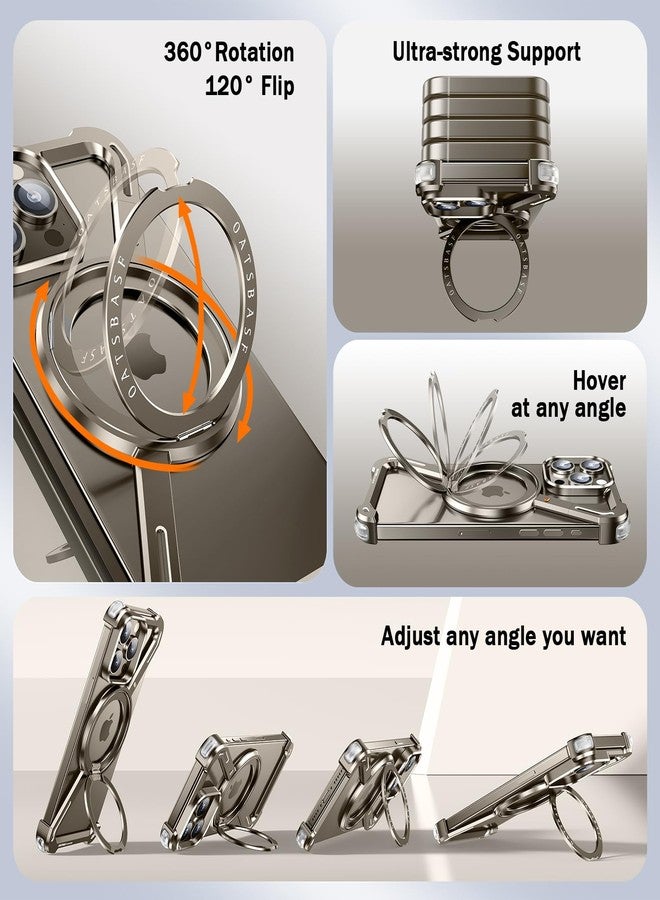 أوتس باسف جراب هاتف OATSBASF بتصميم بسيط متوافق مع iPhone 15 Pro Max مقاس 6.7 بوصة، مزود بحامل قابل للدوران 360 درجة، مصنوع من الألومنيوم المعدني، بتصميم بدون إطار، وغطاء واقٍ مقاوم للصدمات، بلون التيتانيوم الطبيعي. - Image 3